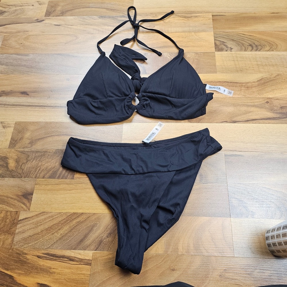 Berlook Bikini Set Ribbed High Waisted Halter Black Size S